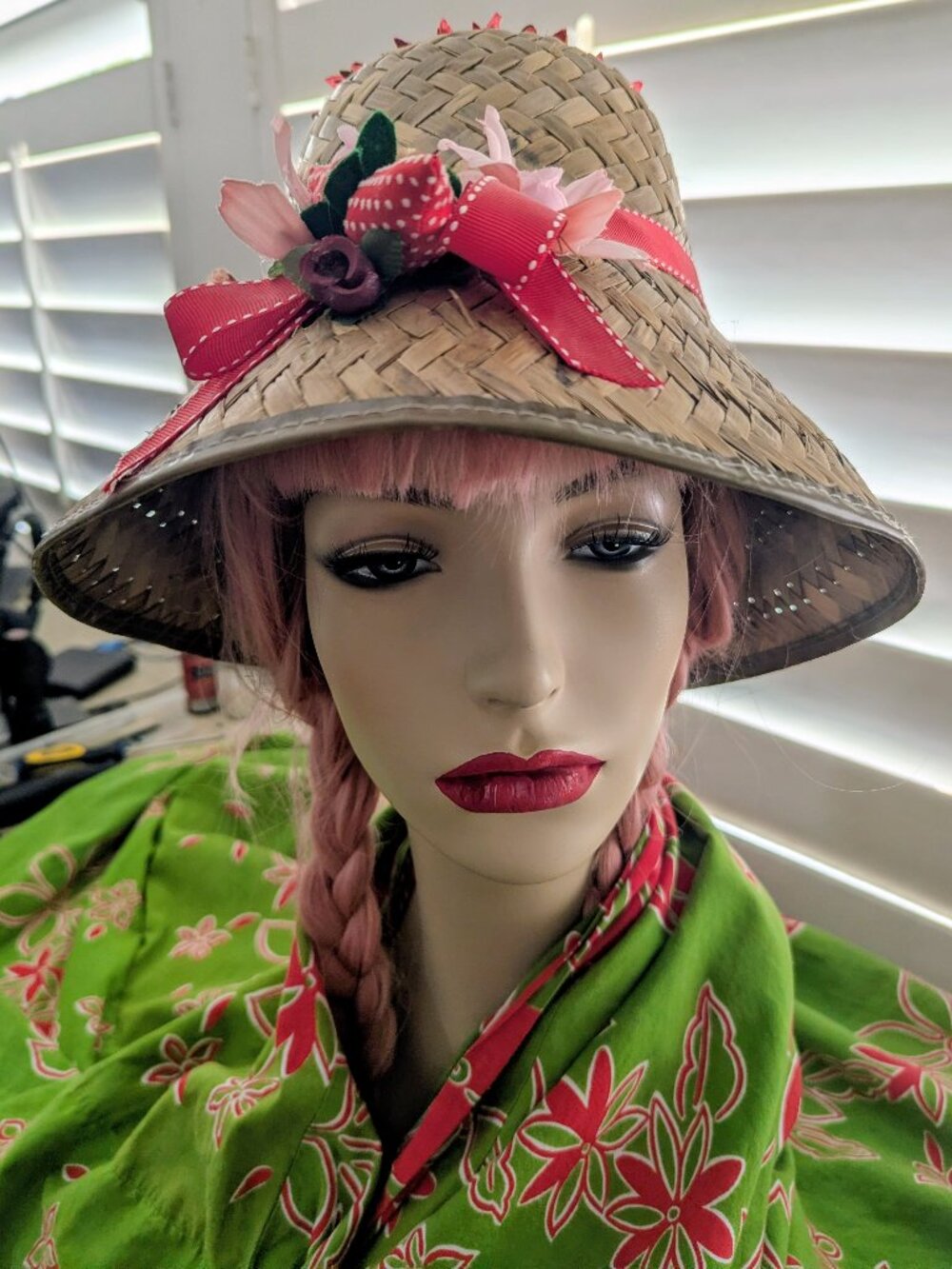 Vintage 1950's-60's Straw Floral Sun Hat-Tiki Hat-Flowers & Red Robbon Cute